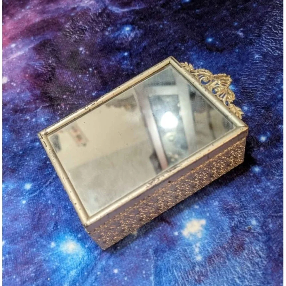 Jewelry Box Ornate Metal Mirrored with Red Velvet Interior Vintage